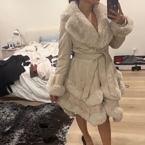 Elegant Beige Coat with Faux Fur Trim